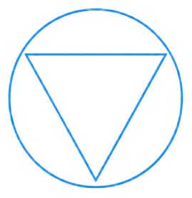 Line-art emblem of a circle holding a downward-pointing triangle, drawn in blue, marking the Throat chakra breath.