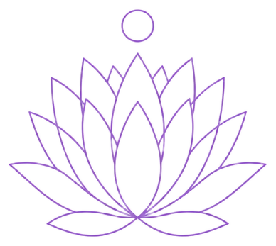 Line-art emblem of a many-petaled lotus opening upward with a small circle above it, drawn in violet, marking the Crown chakra breath.