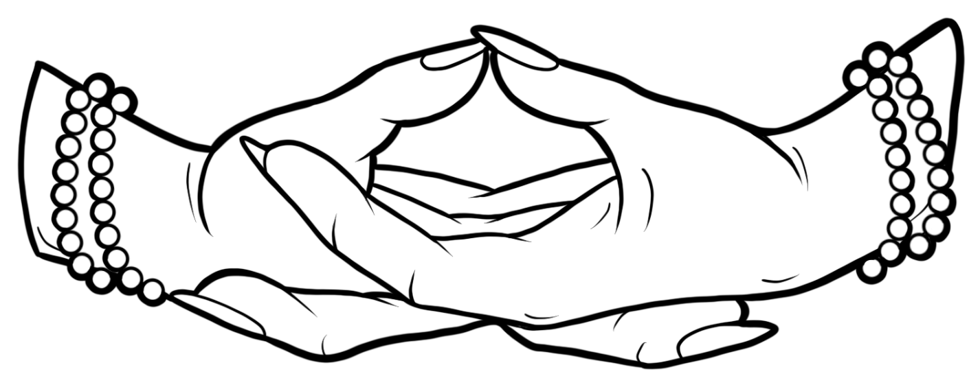 Line drawing of two hands with the fingers crossed and the thumbs touching above them, for the Throat chakra.