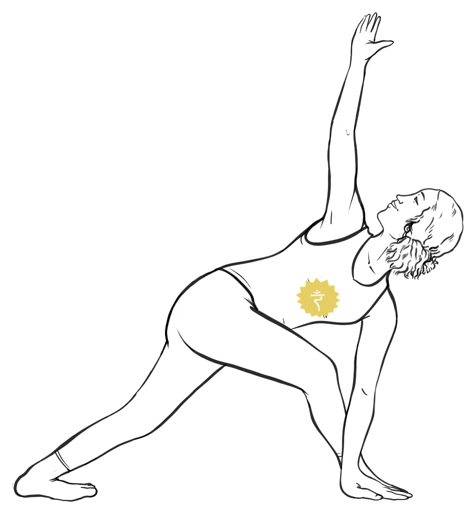 Line drawing of a figure in Extended Side Angle with one arm reaching to the ceiling and the Solar Plexus energy center lit in gold at the upper abdomen.