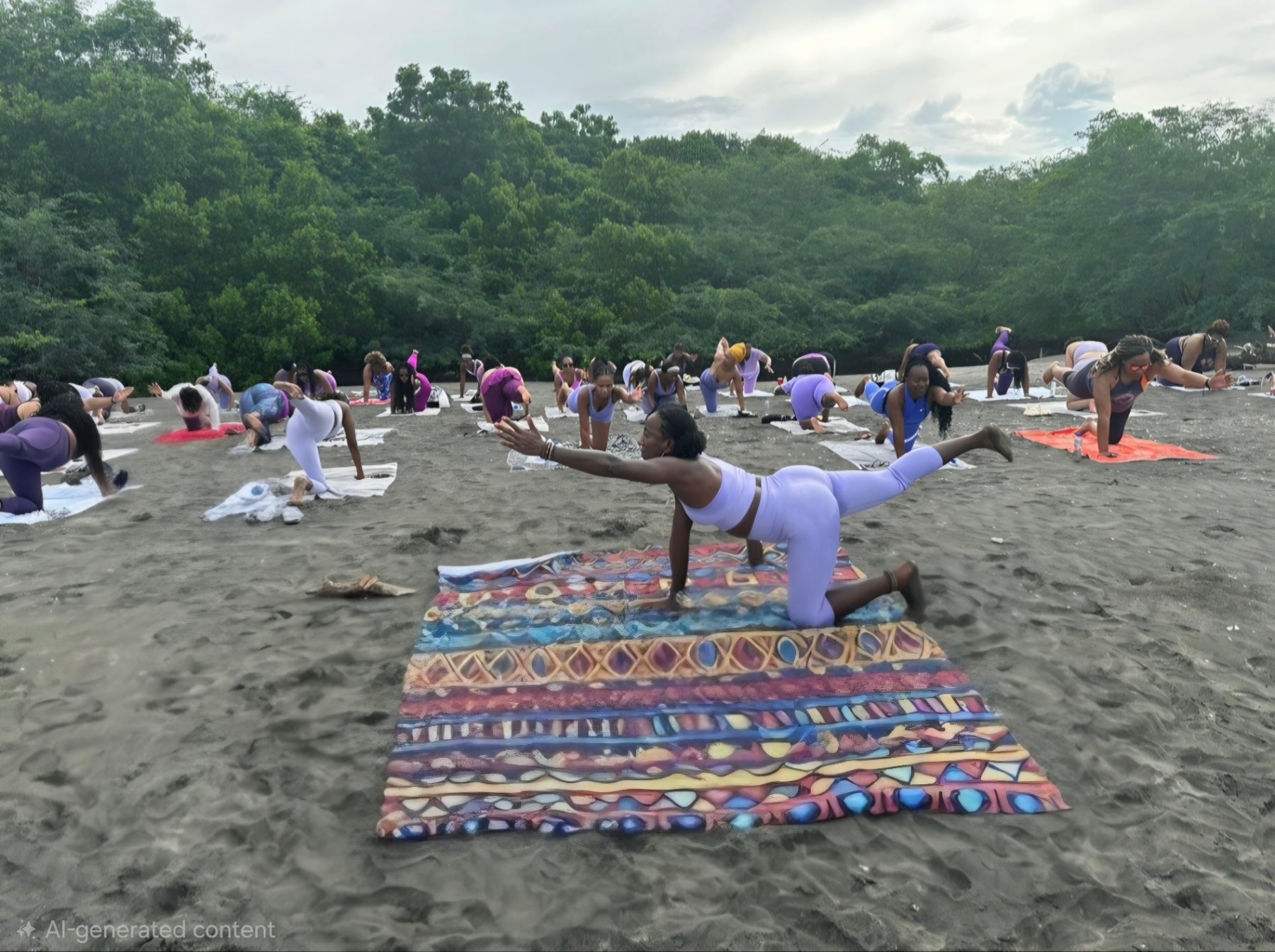 A beach class holding a balanced tabletop pose on the sand, led from a brightly patterned blanket