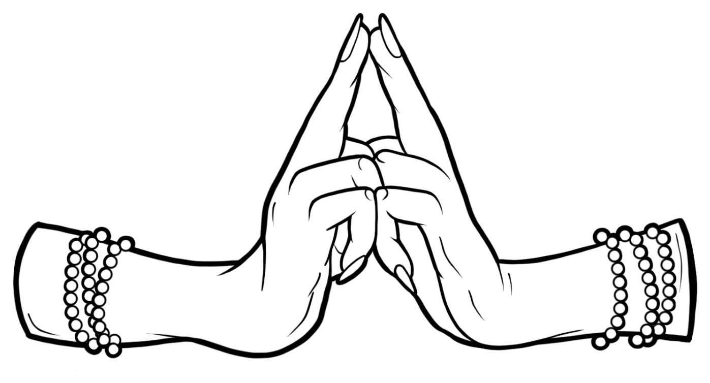 Line drawing of two hands with the middle fingers extended upward and the thumbs pointing down, for the Third Eye chakra.