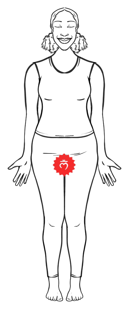Line drawing of a figure standing tall in Mountain Pose with the Root energy center lit in red at the base of the spine.