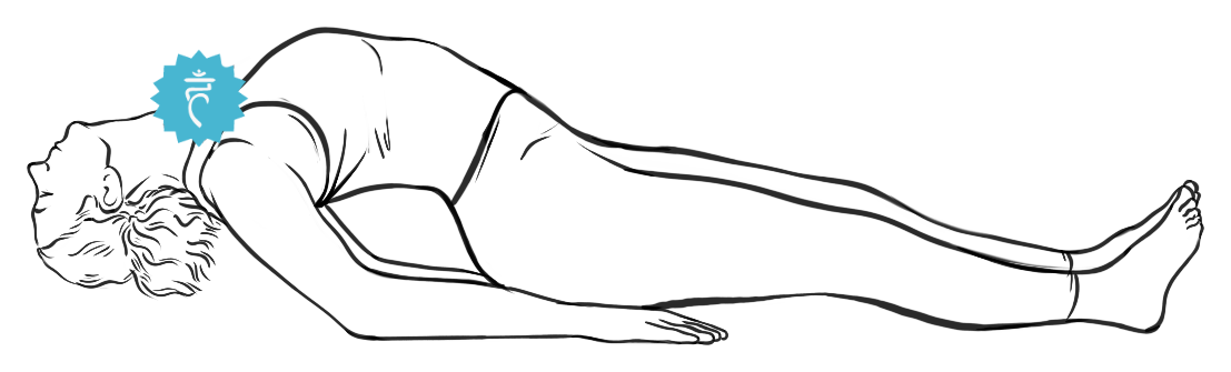 Line drawing of a figure in Fish Pose with the chest lifted and the crown resting down, the Throat energy center lit in blue at the neck.