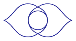 Line-art emblem of two petals framing a small circle, drawn in indigo, marking the Third Eye chakra breath.