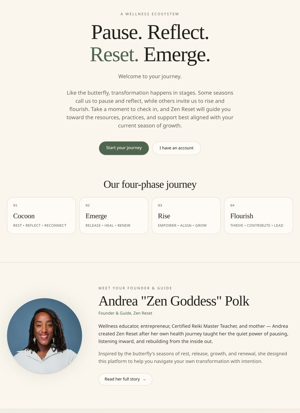 The Zen Reset app: Pause. Reflect. Reset. Emerge., the four-phase journey, and Andrea's founder profile.